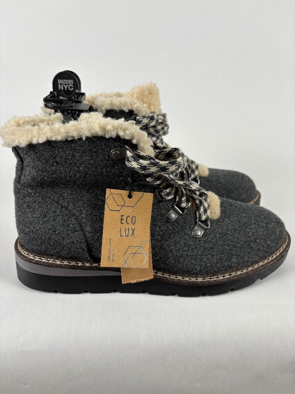 A17. Madden NYC Eco Lux Women's Gray Sherpa Combat Boots